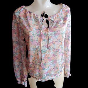 Vintage Women's Peasant Top Medium 1970's True Boho Sheer Floral Blouse Keyhole